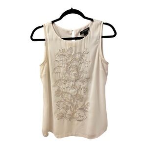 White House Black Market Sleeveless Top, Embroidered & Lace Front, Size M, Beige
